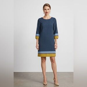 Ann Taylor Navy Geometric Shift Dress | Size 6 | 3/4 Sleeve